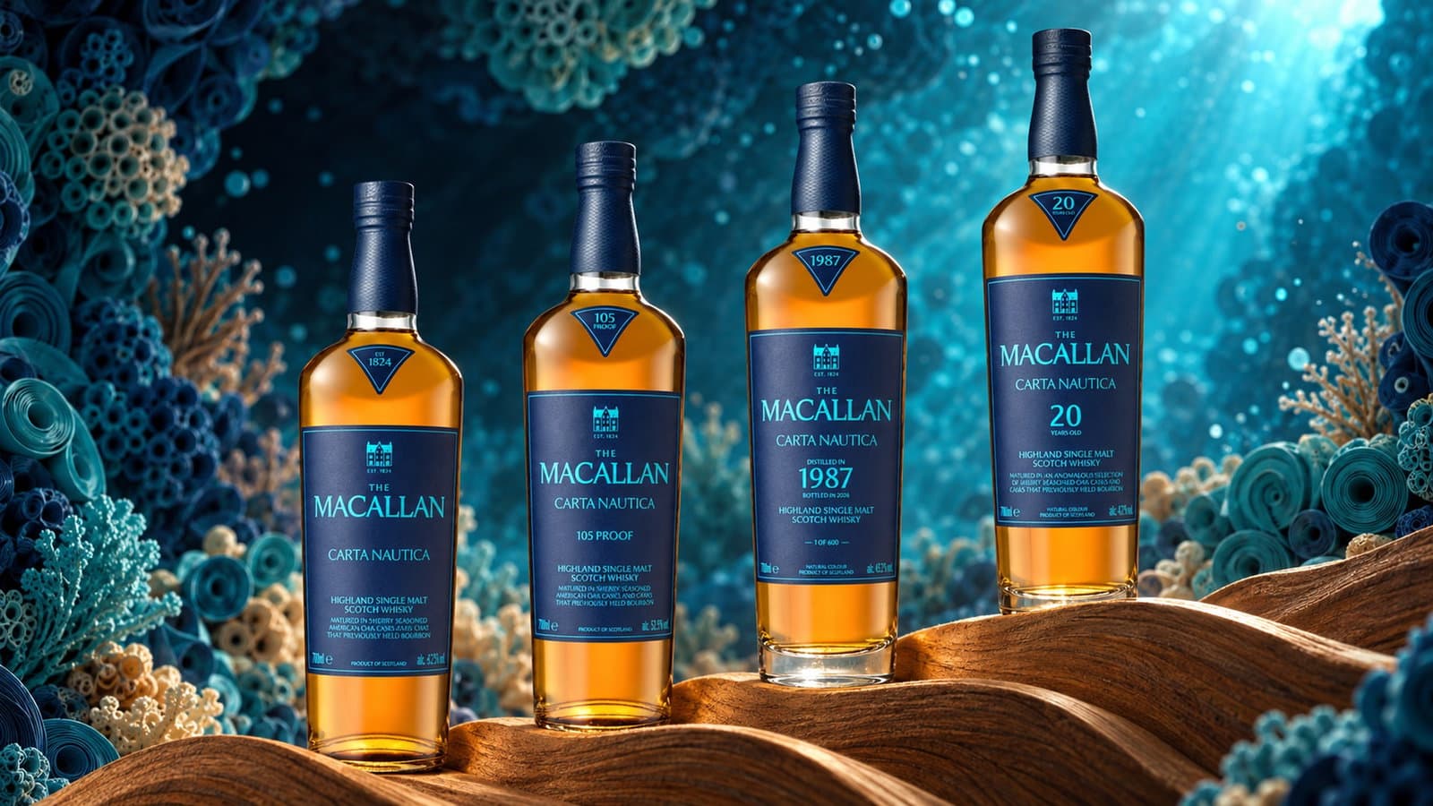 Die vier Macallan Carta Nautica Flaschen auf einer gestuften Holzwelle vor einem tiefblauen Riff aus Papierkorallen.