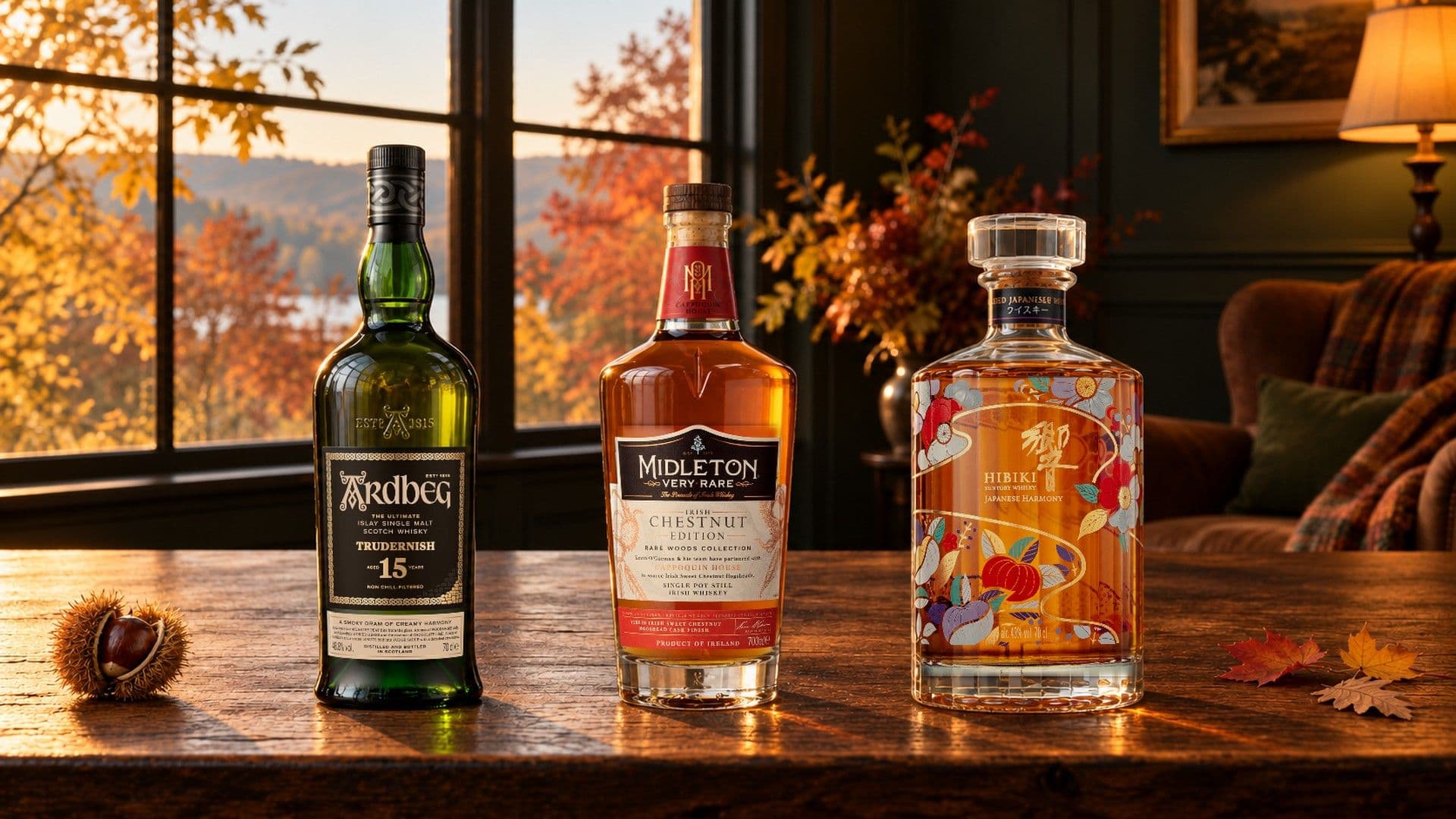 Drei Flaschen, Ardbeg 15 Years Old Trudernish, Midleton Very Rare Irish Chestnut Edition und Hibiki Japanese Harmony Chiso Limited Edition, auf einem dunklen Walnusstisch mit Kastanie und Blättern.