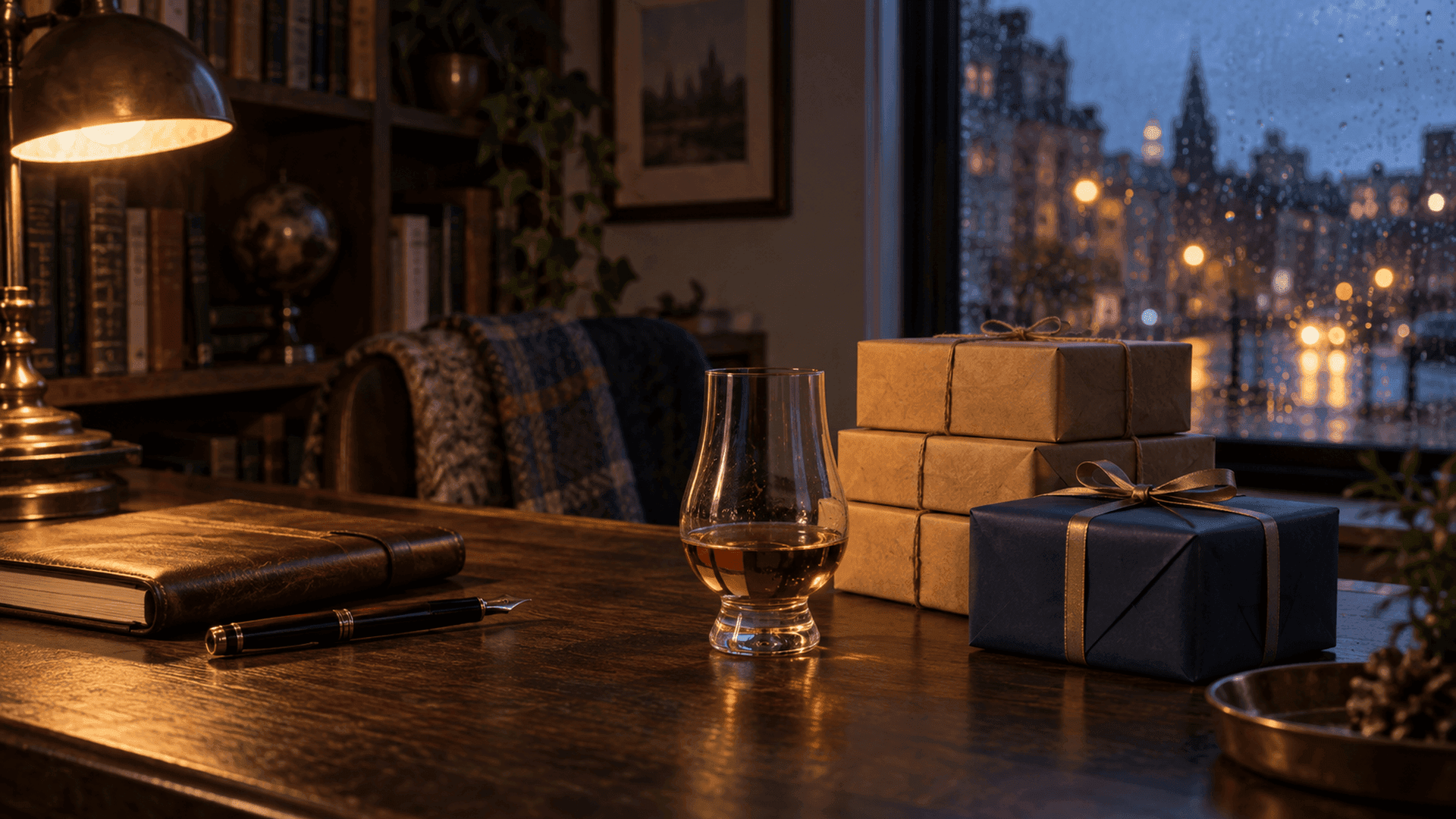 Un bicchiere a tulipano con whisky ambrato accanto a scatole di spedizione marroni legate con lo spago e a un regalo incartato di blu su una scrivania in rovere vicino a una finestra con la pioggia, in una sera di fine novembre
