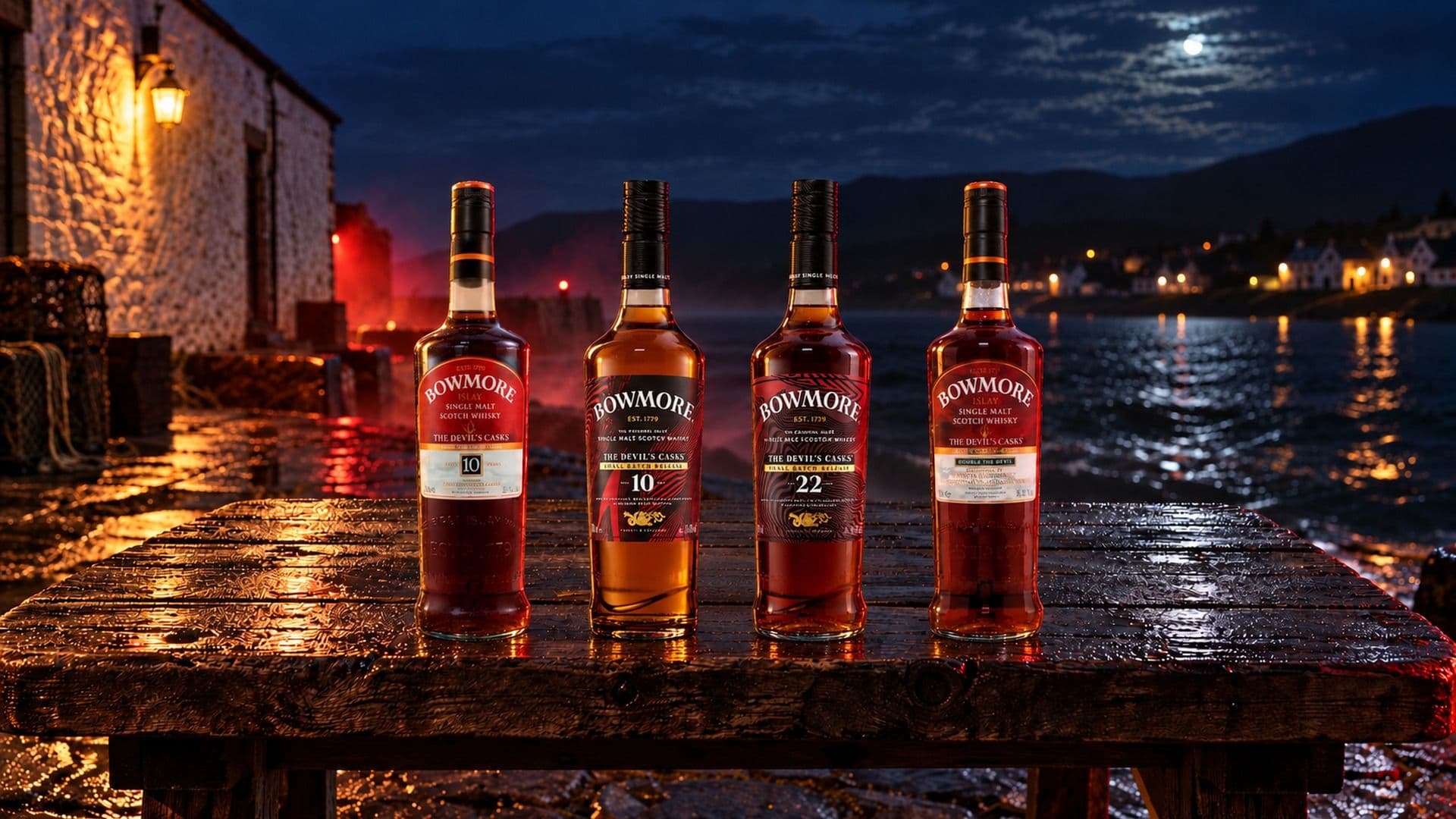 Quatre bouteilles Bowmore Devil's Casks, Release I, les nouveaux 10 ans et 22 ans et Release III, sur une table mouillée d'un quai d'Islay la nuit