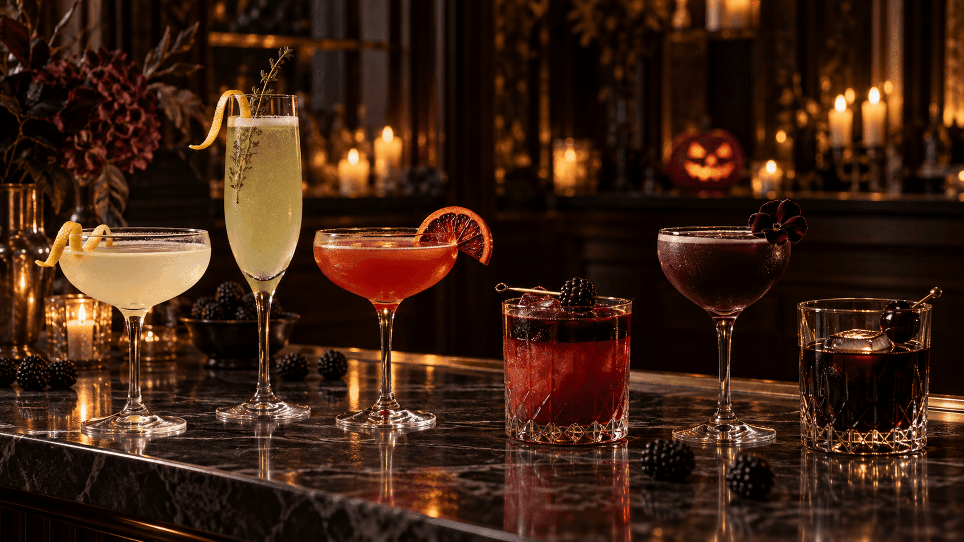 Una fila di cocktail di Halloween dal bianco pallido al quasi nero su un bancone di marmo, illuminati da candele con una piccola zucca intagliata sullo sfondo
