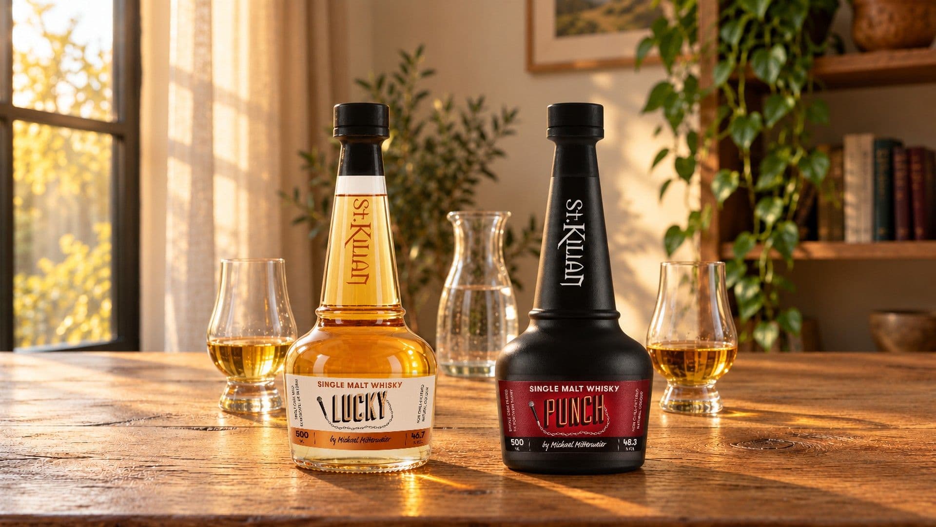 Las botellas de whisky Lucky y Punch sobre una mesa de roble junto a una ventana soleada, con dos copas de cata de whisky y una jarra de agua