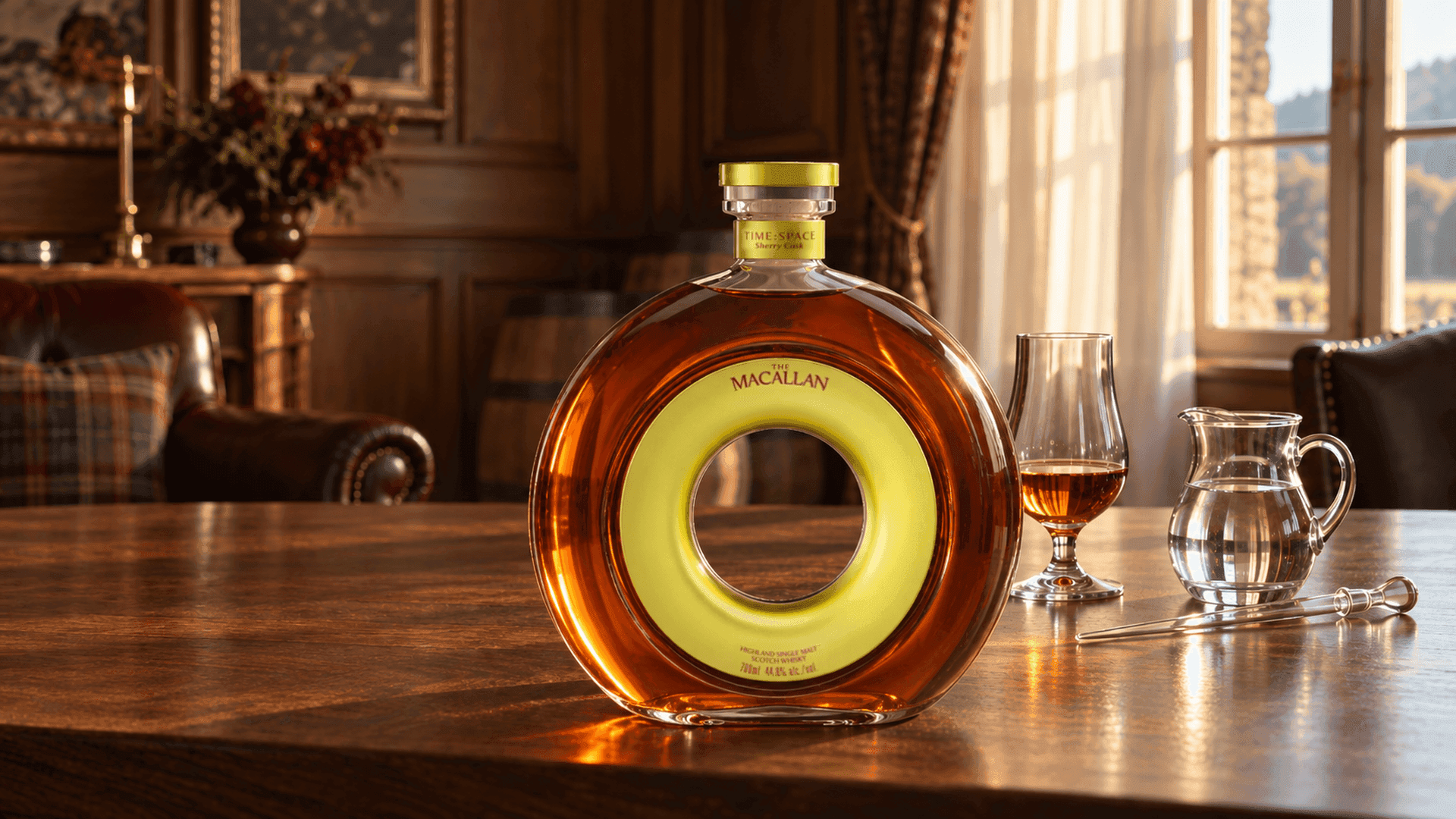 Decanter ad anello Macallan TIME : SPACE Sherry Cask su un tavolo da degustazione in noce accanto a un bicchiere a tulipano con whisky ambrato, una piccola brocca d'acqua e una pipetta di vetro nella luce del pomeriggio