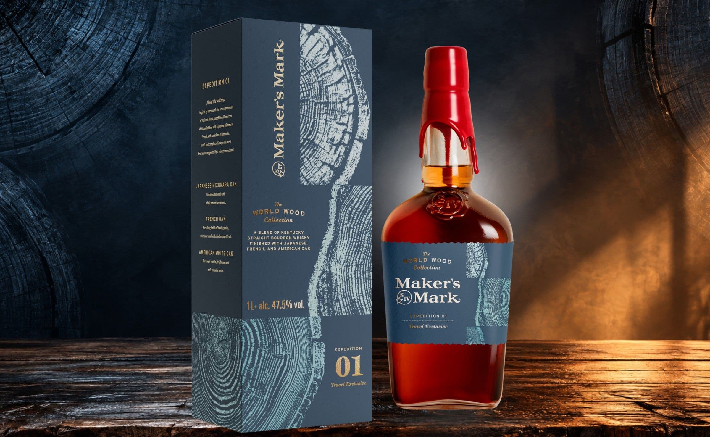 Bottiglia e scatola di Maker's Mark Expedition 01 della World Wood Collection