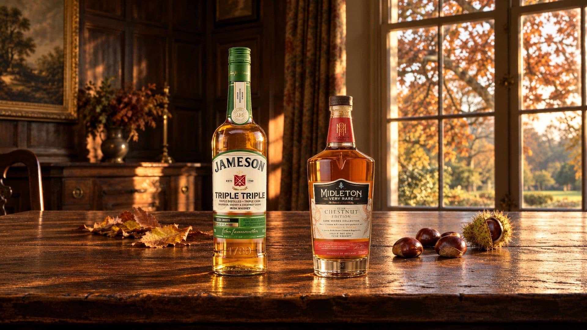 Bottiglie di Jameson Triple Triple Chestnut Edition e Midleton Very Rare Irish Chestnut Edition su un vecchio tavolo di rovere accanto a una finestra autunnale, con alcune castagne, un riccio aperto e foglie secche.