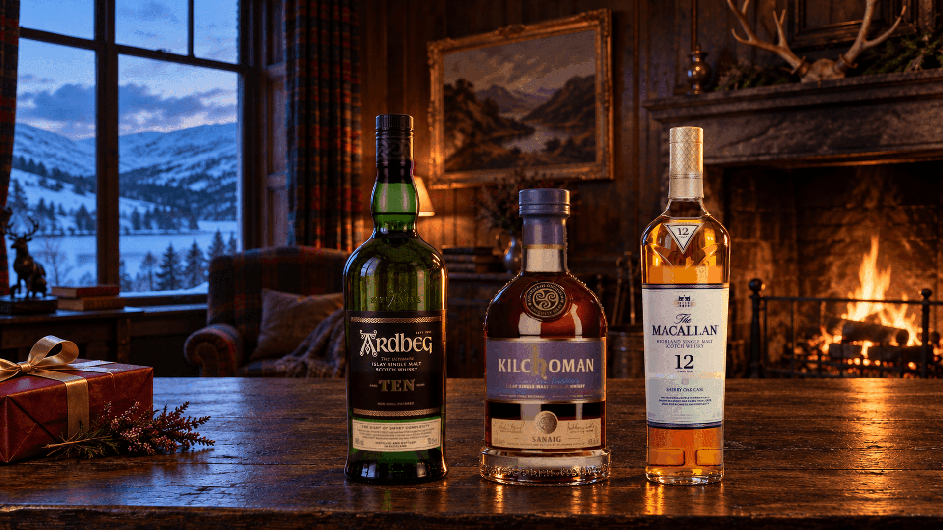 Ardbeg 10 Jahre, Kilchoman Sanaig und The Macallan 12 Jahre Sherry Oak auf einem dunklen Eichentisch in einer Highland Lodge mit Kaminfeuer und verschneiten Hügeln, neben einem rot verpackten Geschenk