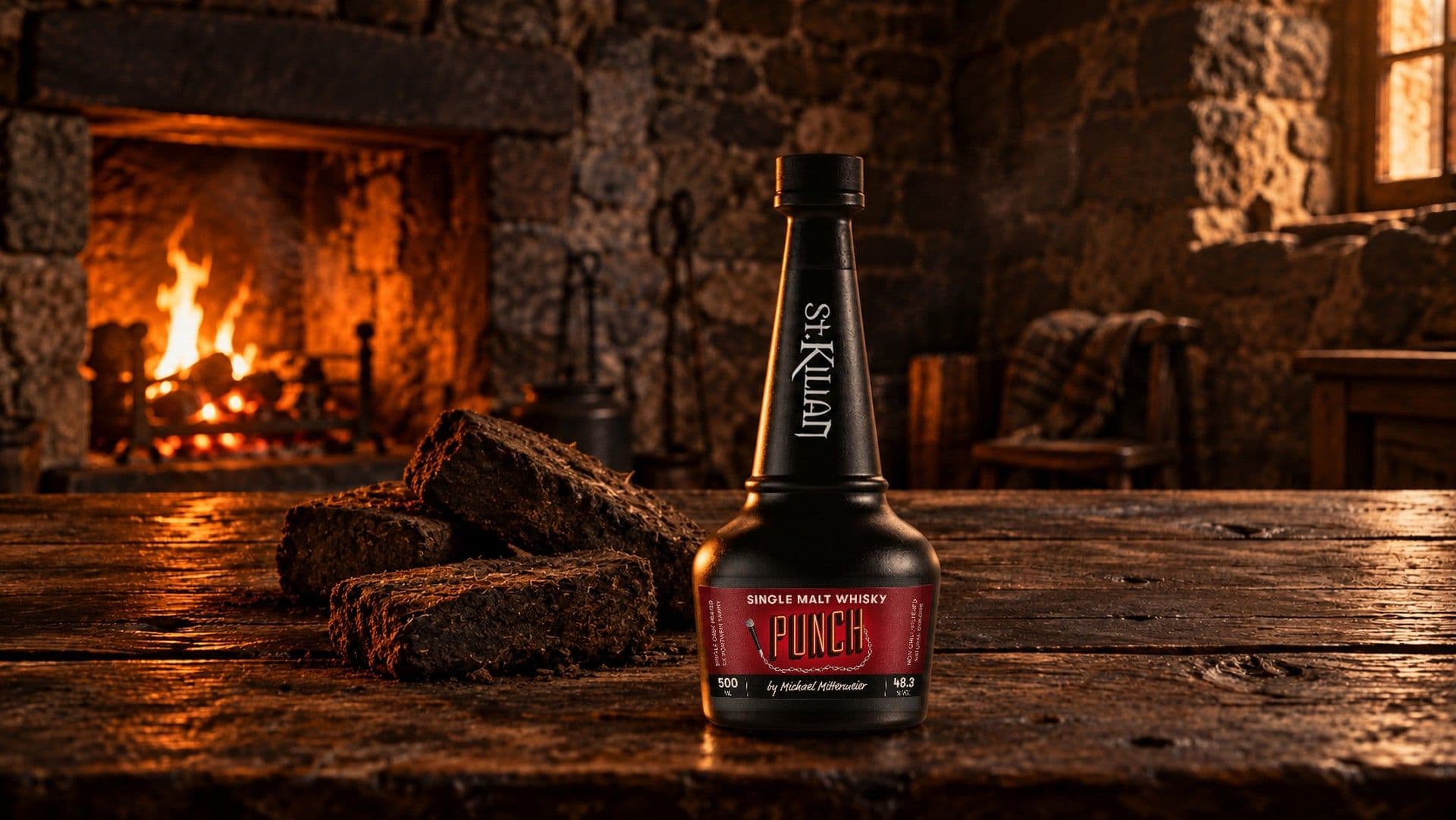 La bouteille noire de whisky Punch sur une table en bois sombre à côté de briques de tourbe, avec un feu dans une cheminée en pierre à l'arrière