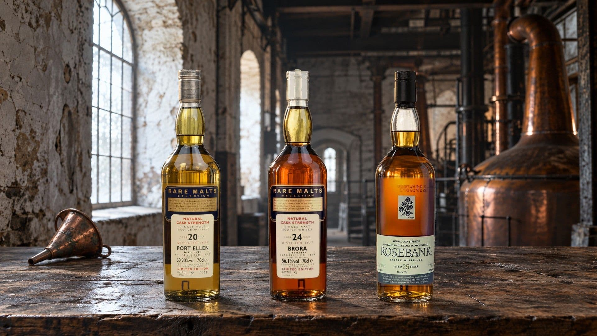 Drei Abfüllungen geschlossener Brennereien, Port Ellen 20 Years Old 1978, Brora 24 Years Old 1977 und Rosebank 25 Years Old, auf einer Werkbank in einer alten Brennerei mit Kupferbrennblasen.