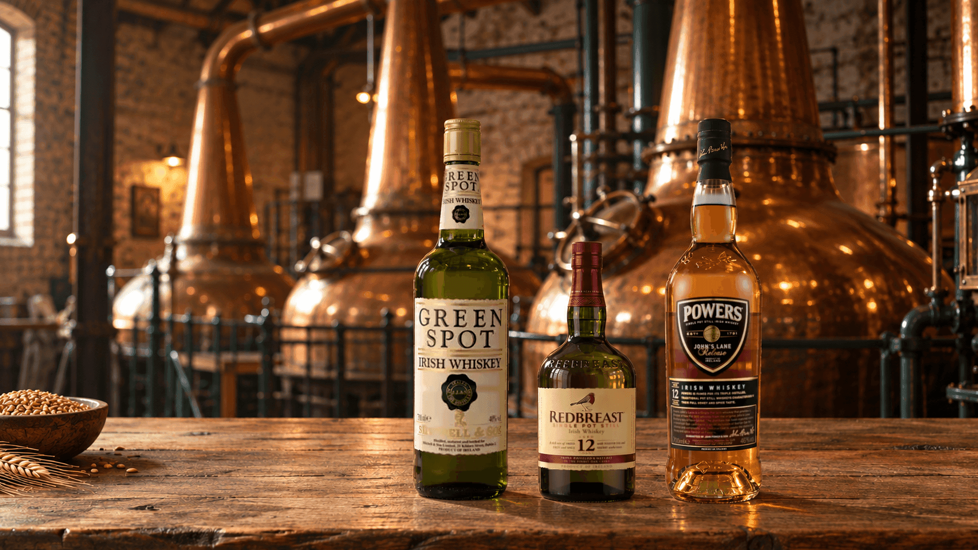 Green Spot, Redbreast 12 años y Powers John's Lane Release sobre un banco de roble gastado en la sala de alambiques de una destilería irlandesa con pot stills de cobre y un cuenco de cebada