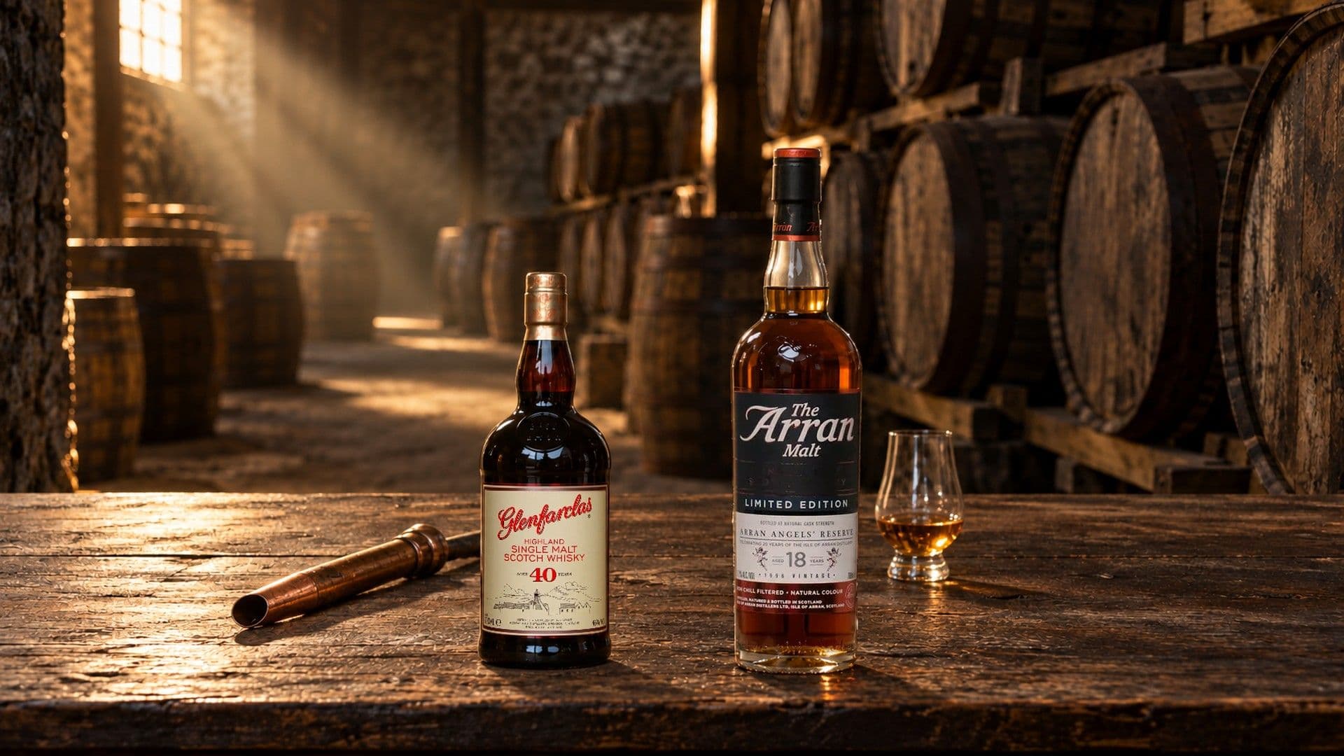 Dos botellas, el Glenfarclas 40 Years Old y el Arran Malt 18 Years Old Angels' Reserve, sobre una mesa de roble rústica en un almacén de viejas barricas, con una pipeta de cobre y una copa de cata.