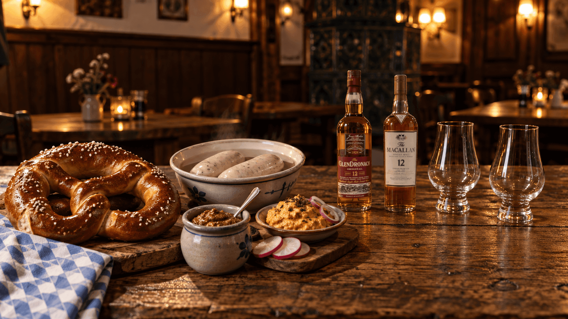 GlenDronach 12 et Macallan 12 sur une table de taverne munichoise avec Brezn, Weisswurst, Obatzda et deux verres