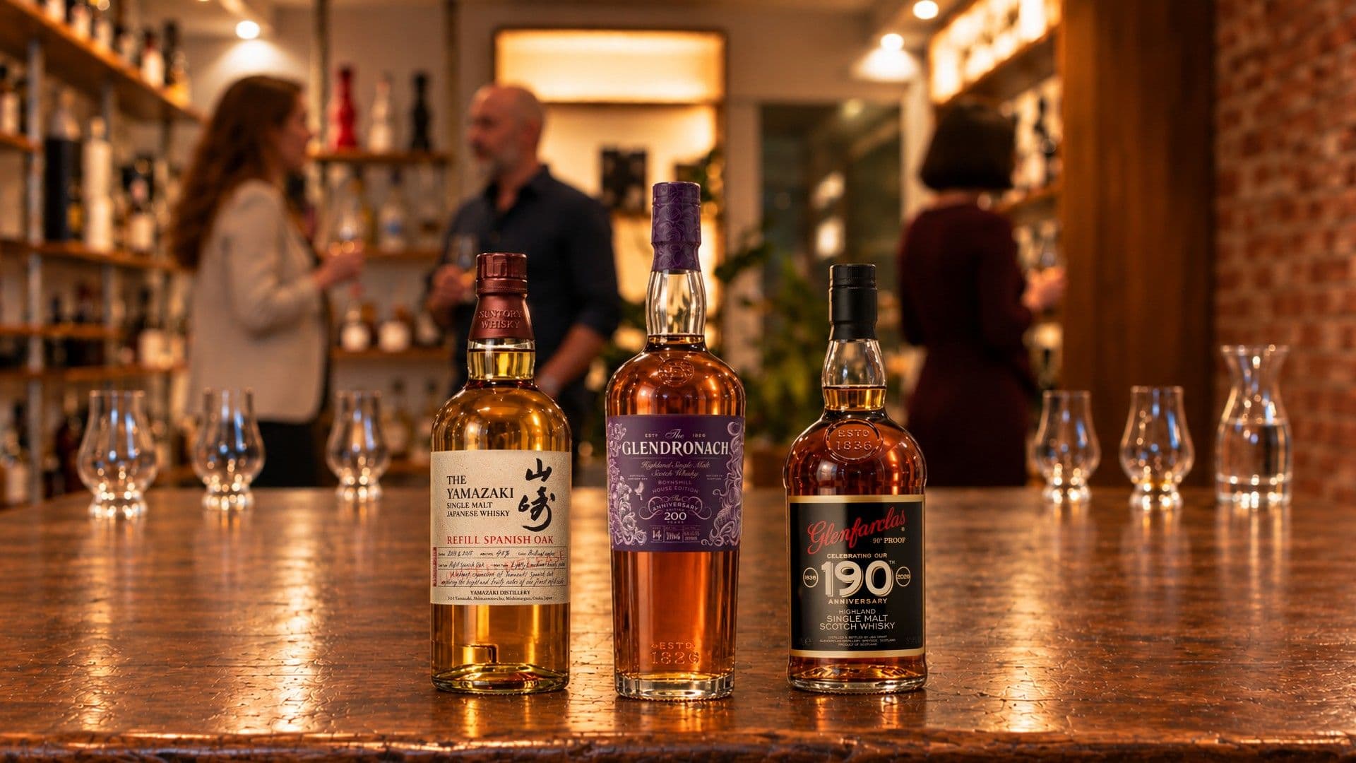 Yamazaki Refill Spanish Oak 2026, Glendronach Boynsmill House Edition und Glenfarclas 190th Anniversary auf einem Tastingtisch im Whiskyladen
