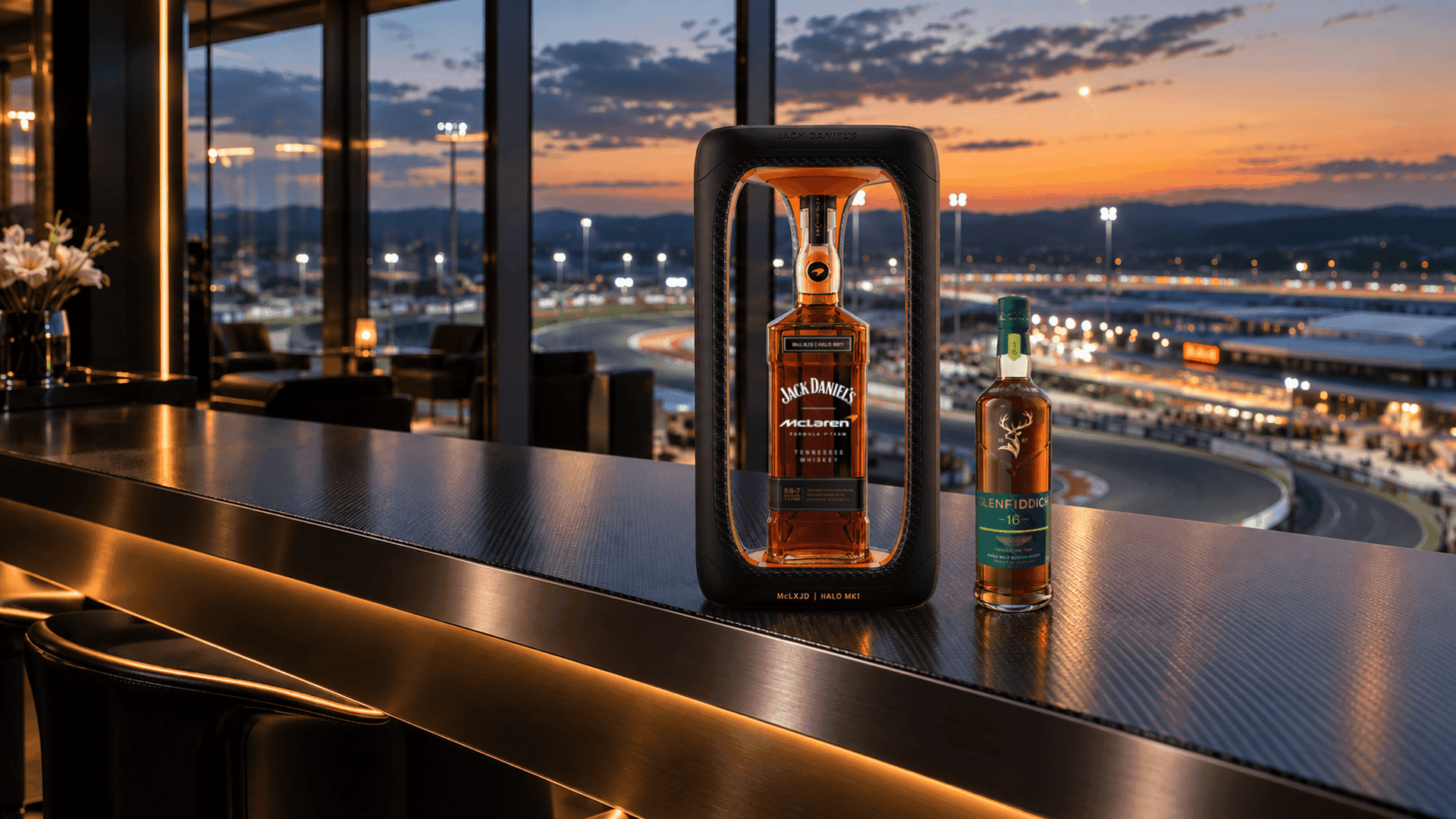 Jack Daniel's McLaren Halo MK1 in seinem Halo förmigen Displayrahmen neben einem Glenfiddich 16 Jahre Aston Martin Formula One Team Edition auf einer Theke aus Carbon mit Blick auf eine Rennstrecke in der Abenddämmerung