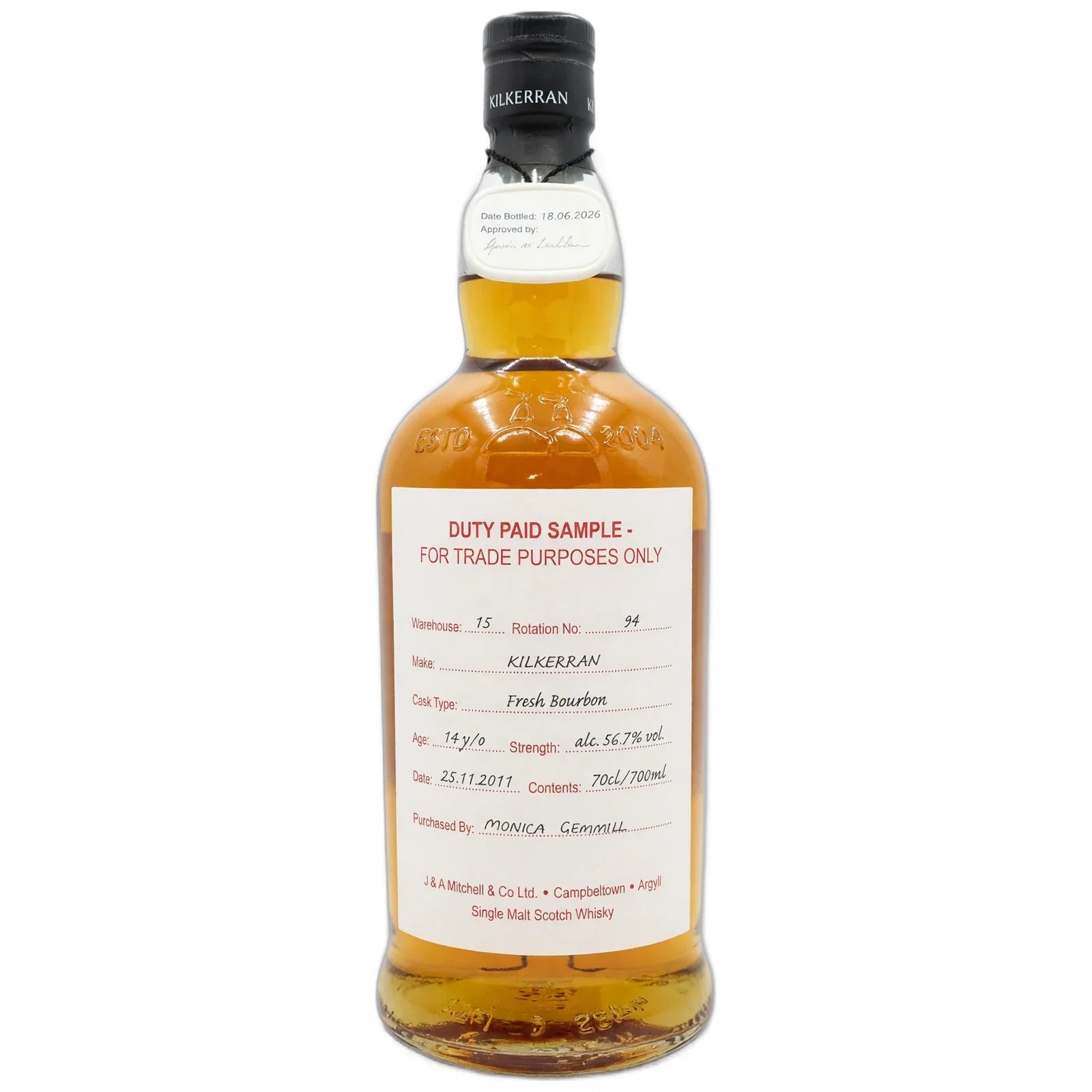 Kilkerran 14 Years Old 2011 Duty Paid Sample For Trade Purposes Only By Monica Gemmil