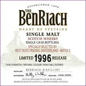 BenRiach 17 Years Old 1996 Single Cask Bottling Cask Nr.5617