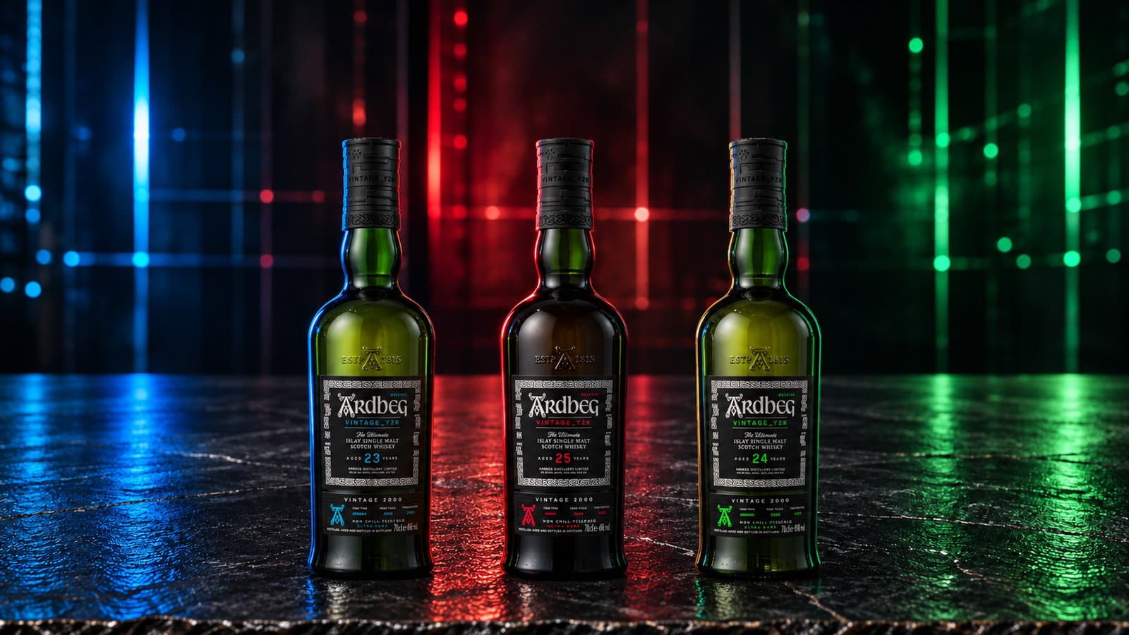The three Ardbeg Vintage_Y2K bottles, 23, 24 and 25 Years Old, on a slate table lit in blue, green and red.