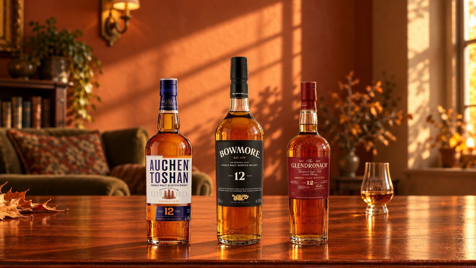 Auchentoshan 12 Double Cask, Bowmore 12 y GlenDronach 12 sobre un aparador de cerezo pulido bajo la luz dorada de otoño, junto a una copa Glencairn de whisky y hojas secas
