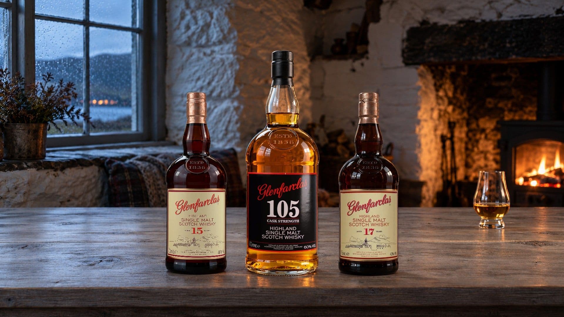 Glenfarclas 15 Years Old, 105 Cask Strength e 17 Years Old su un tavolo di legno chiaro in un cottage di pietra, con un bicchiere di whisky e un fuoco di torba sullo sfondo.