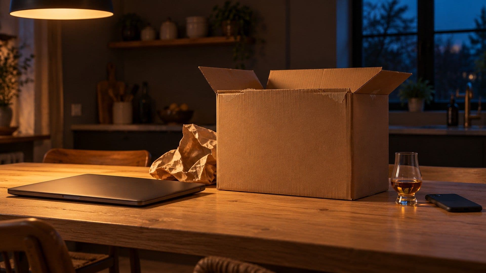 A closed laptop, an opened plain cardboard shipping box with crumpled paper and a Glencairn glass of whisky beside a phone lying face down on an oak kitchen table at dusk.