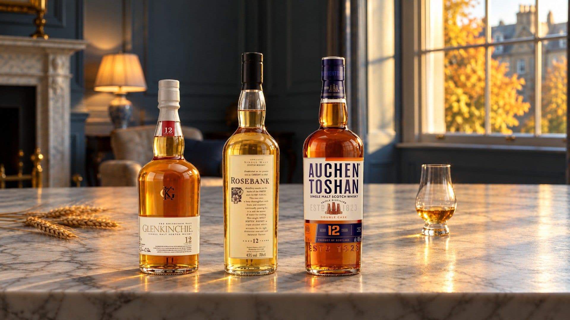 Glenkinchie 12, Rosebank 12 Flora & Fauna und Auchentoshan 12 Double Cask auf einem Marmortisch in einem georgianischen Salon, mit Gerstenähren, einem Whiskyglas und Herbstbäumen im Fenster