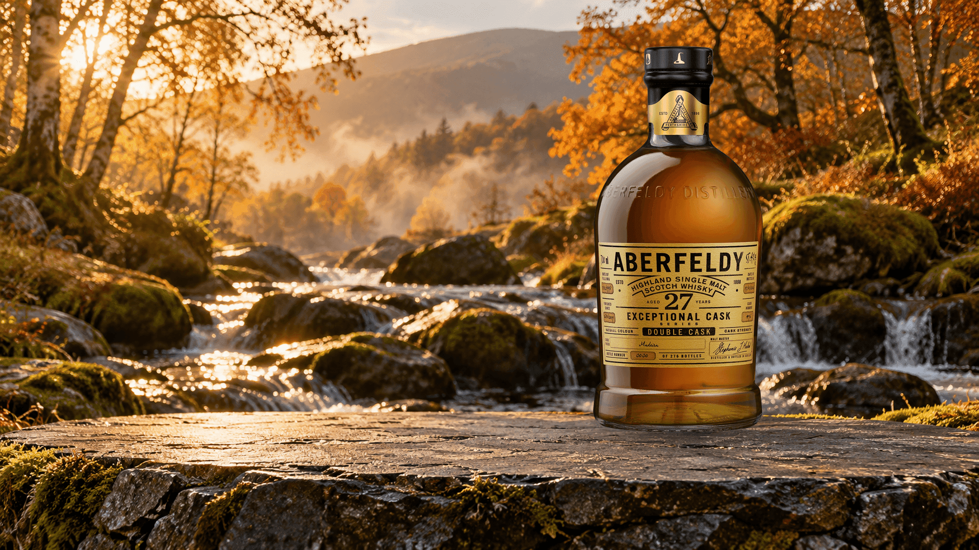 Flasche Aberfeldy 27 Years Old Madeira Double Cask Finish auf einem Schiefervorsprung an einem herbstlichen Highland-Bach