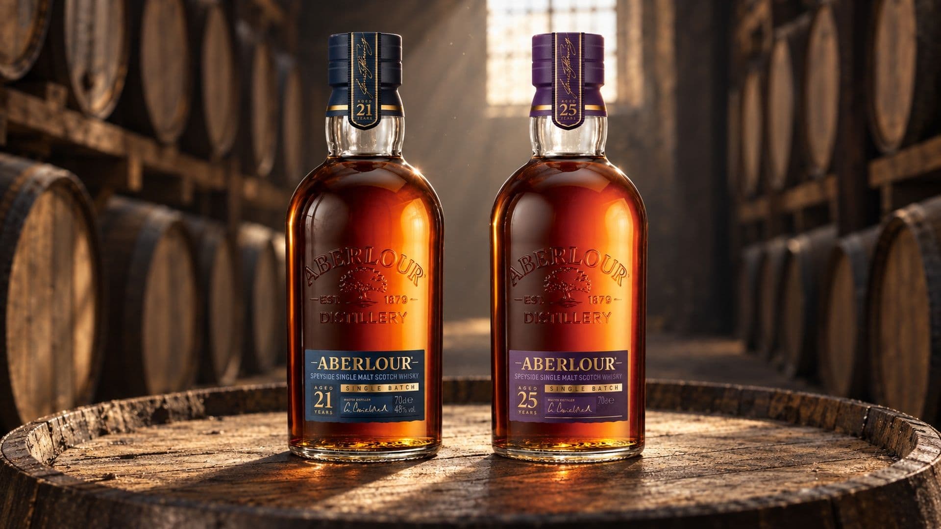 Bouteilles d'Aberlour 21 Years Old et 25 Years Old côte à côte sur un fond de fût en chêne, dans un chai du Speyside bordé de fûts de sherry.