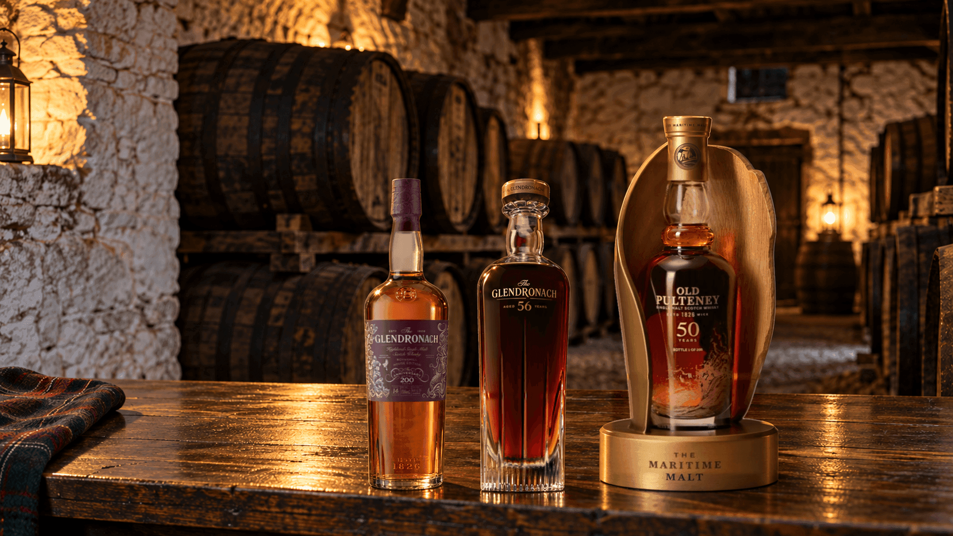 GlenDronach 14 Years Old Boynsmill House Edition, GlenDronach 56 Years Old and Old Pulteney 50 Years Old 200th Anniversary Limited Edition on an oak table in a stone whisky warehouse lit by lanterns
