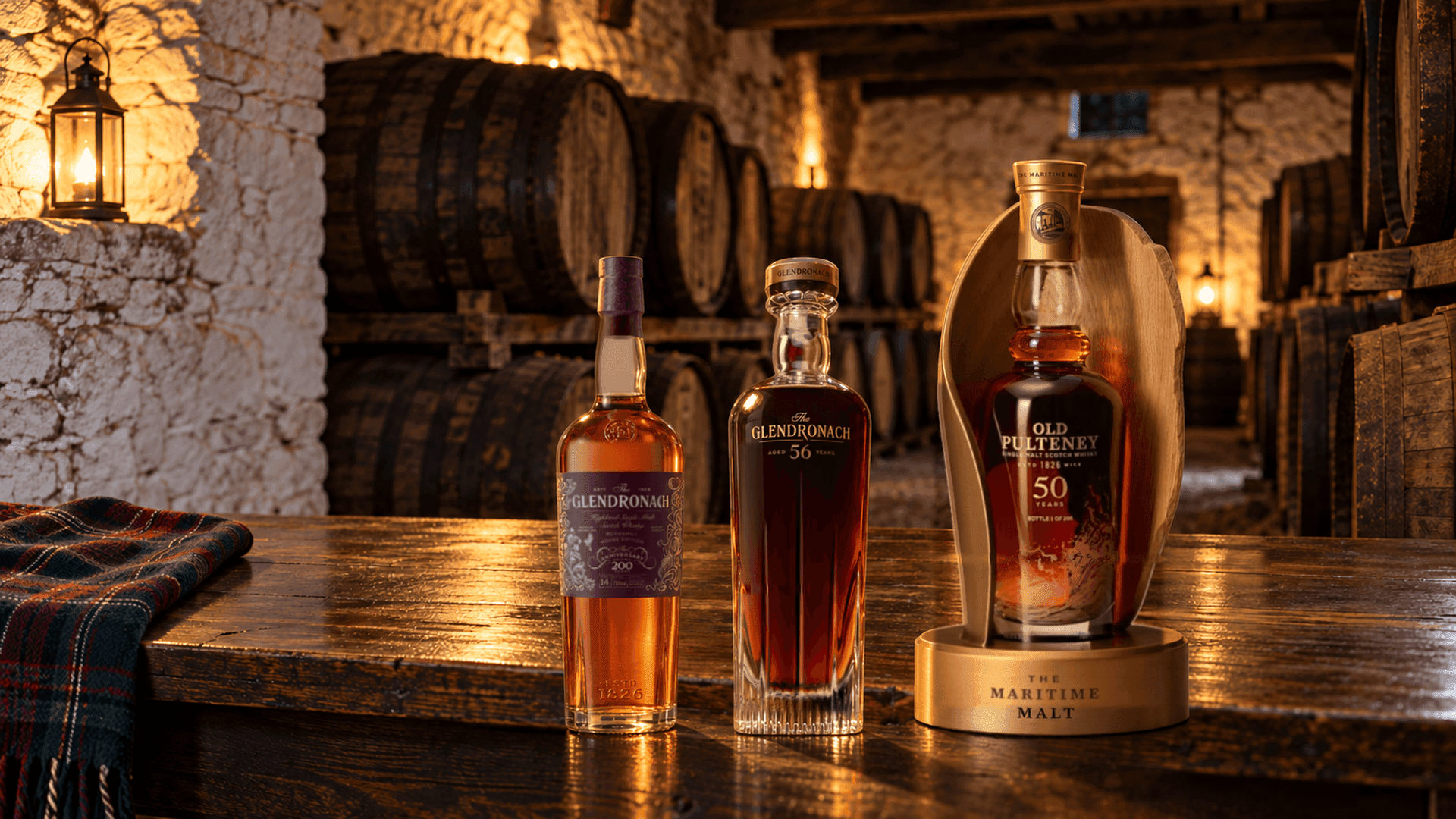 GlenDronach 14 Years Old Boynsmill House Edition, GlenDronach 56 Years Old and Old Pulteney 50 Years Old 200th Anniversary Limited Edition on an oak table in a stone whisky warehouse lit by lanterns