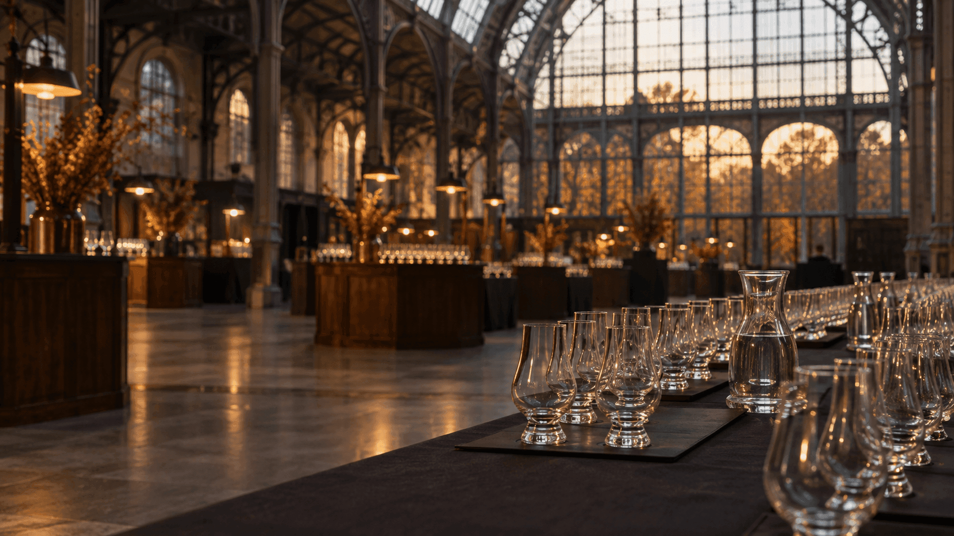 Reihen leerer Nosinggläser auf einem Verkostungstisch in einer Ausstellungshalle mit Glasdach im Herbstlicht
