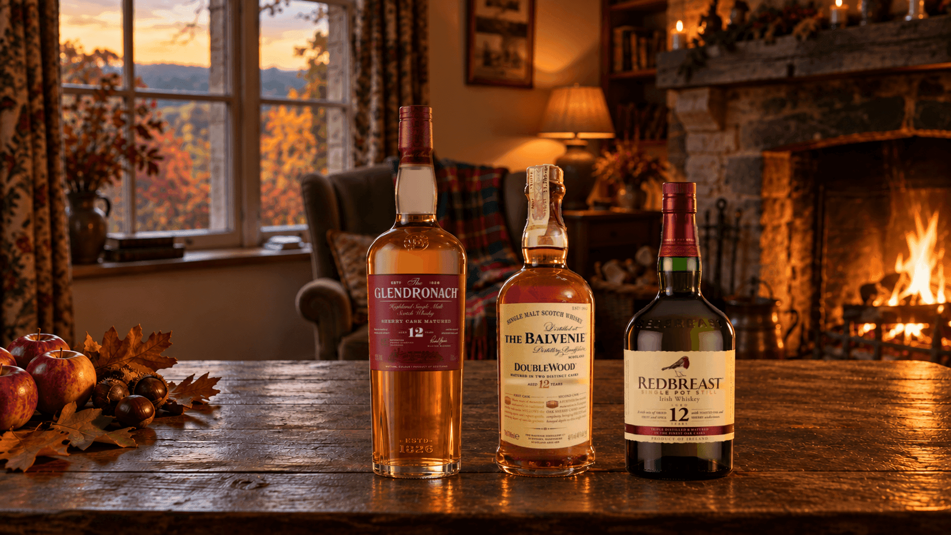 GlenDronach 12 anni Sherry Cask Matured, The Balvenie 12 anni DoubleWood e Redbreast 12 anni su un rustico tavolo di rovere accanto al camino, con mele, castagne e foglie d'autunno