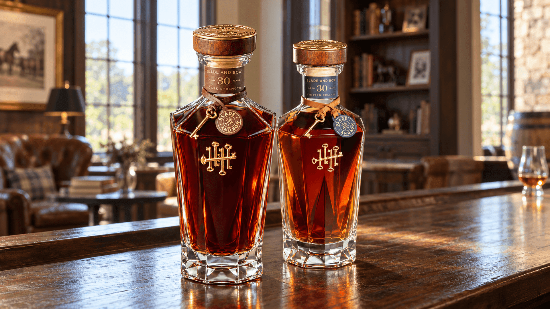 Dos decantadores de cristal facetado, el Cask Strength con etiqueta marrón en el cuello y la Limited Release con etiqueta gris azulada, sobre una barra de nogal en un luminoso salón de bourbon con grandes ventanales en Kentucky
