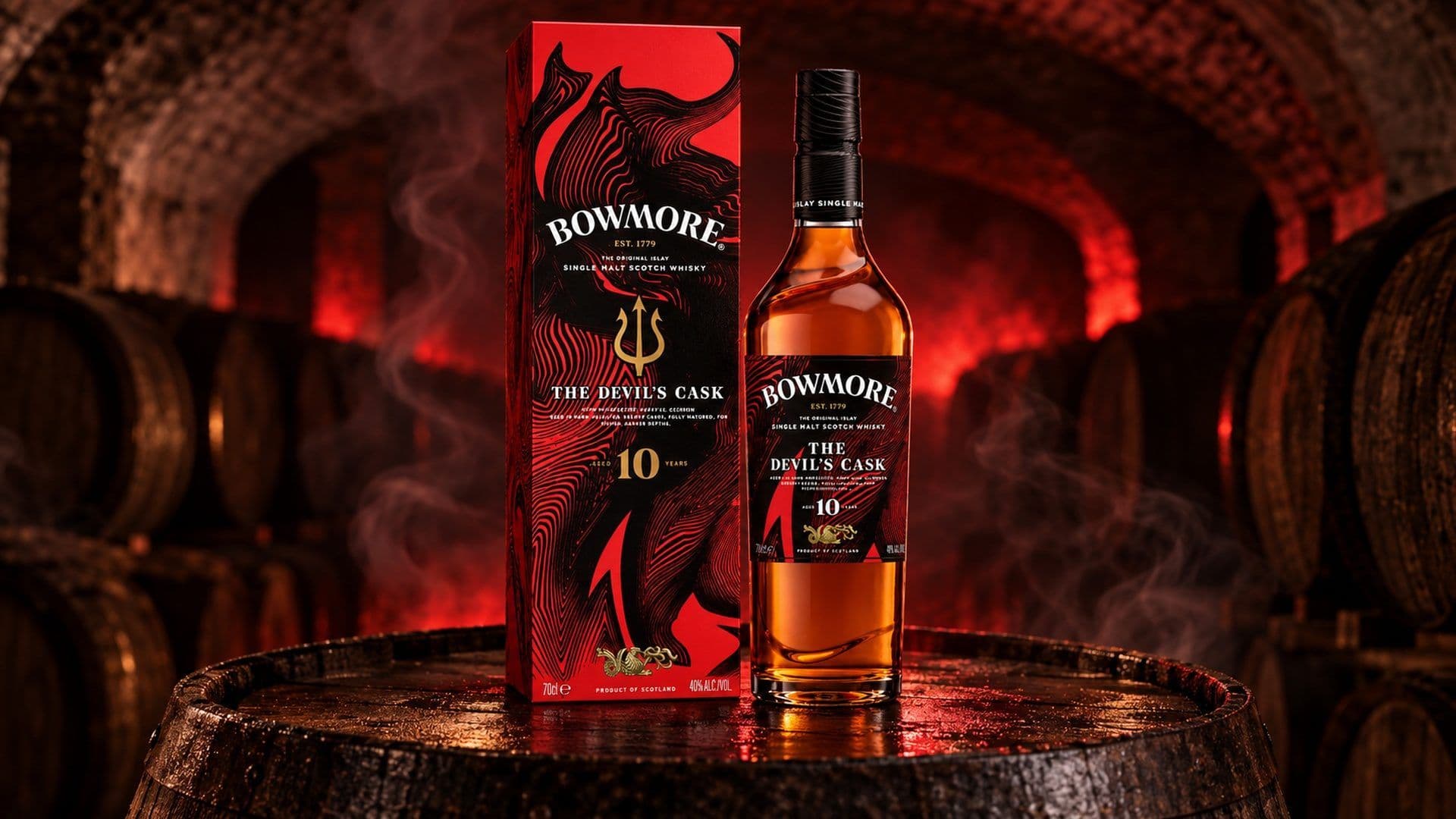 Bottiglia e astuccio rosso di Bowmore The Devil's Cask 10 anni su una botte di sherry in una cantina buia dalla luce rossa