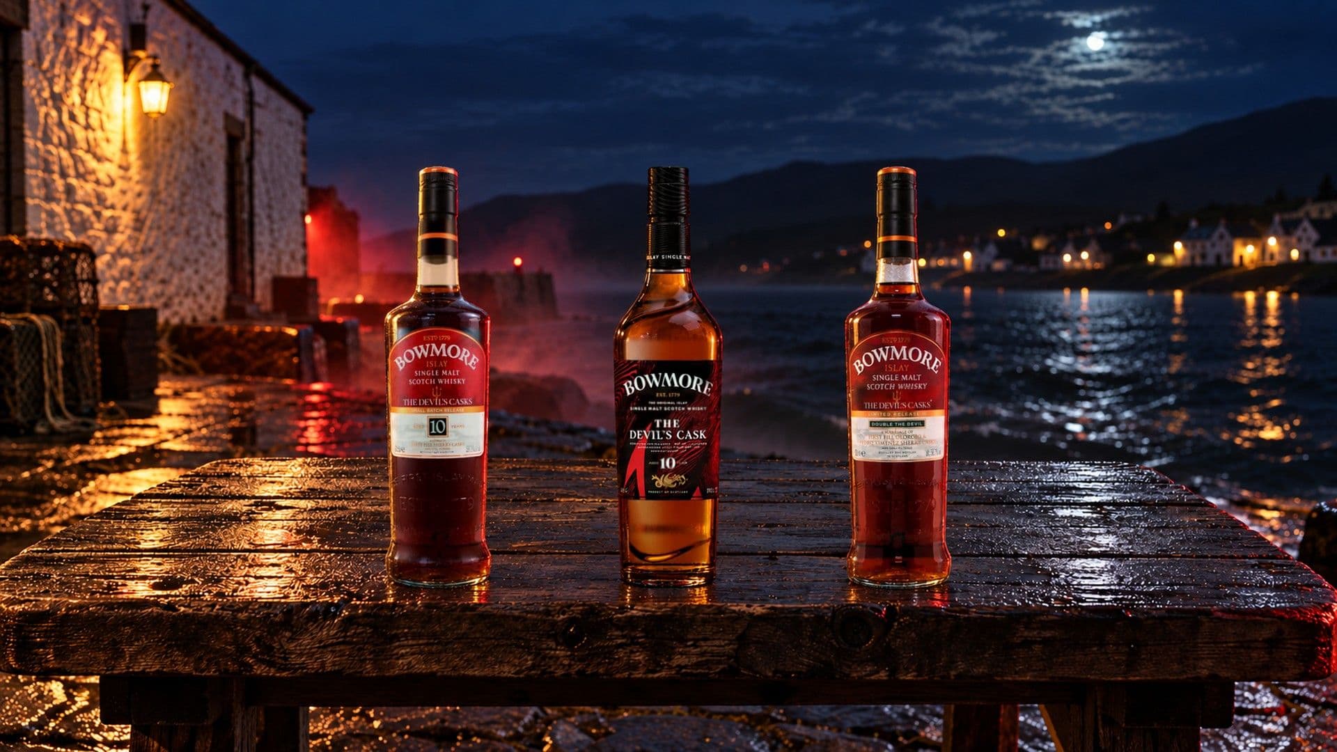 Tres botellas Bowmore Devil's Cask, Release I, la nueva edición 2026 y Release III, sobre una mesa mojada en un muelle de Islay de noche