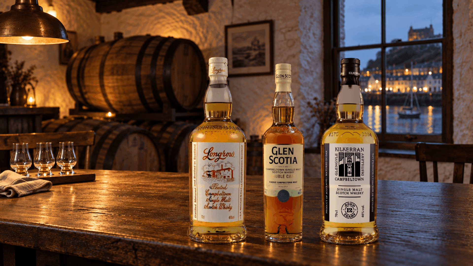 Longrow Peated, Glen Scotia Double Cask et Kilkerran 12 ans côte à côte sur une table en chêne sombre dans une petite salle de dégustation de Campbeltown avec des fûts et une vue sur le port