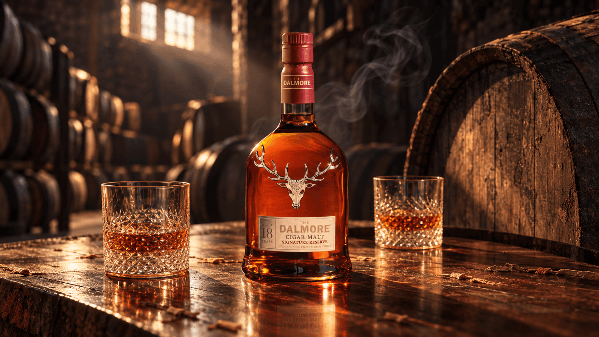 Botella de Dalmore Cigar Malt Signature Reserve de 18 Años con el emblemático emblema del ciervo en la etiqueta