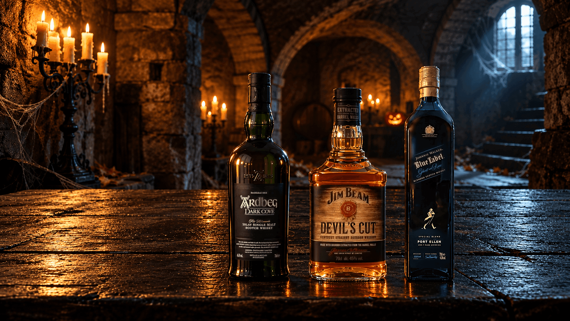 Ardbeg Dark Cove, Jim Beam Devil's Cut and Johnnie Walker Blue Label Ghost and Rare on a dark table in a candlelit stone cellar on Halloween night