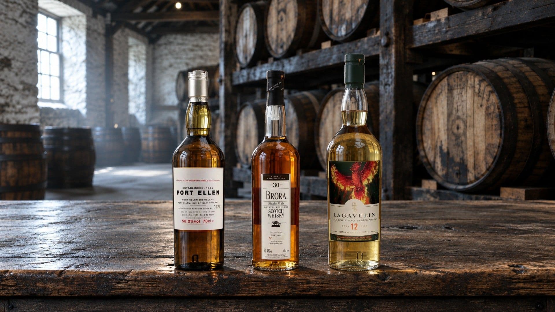 Port Ellen 22 Years Old, Brora 30 Years Old e Lagavulin 12 Years Old Special Release su un vecchio tavolo di legno in un magazzino di whisky con botti sugli scaffali