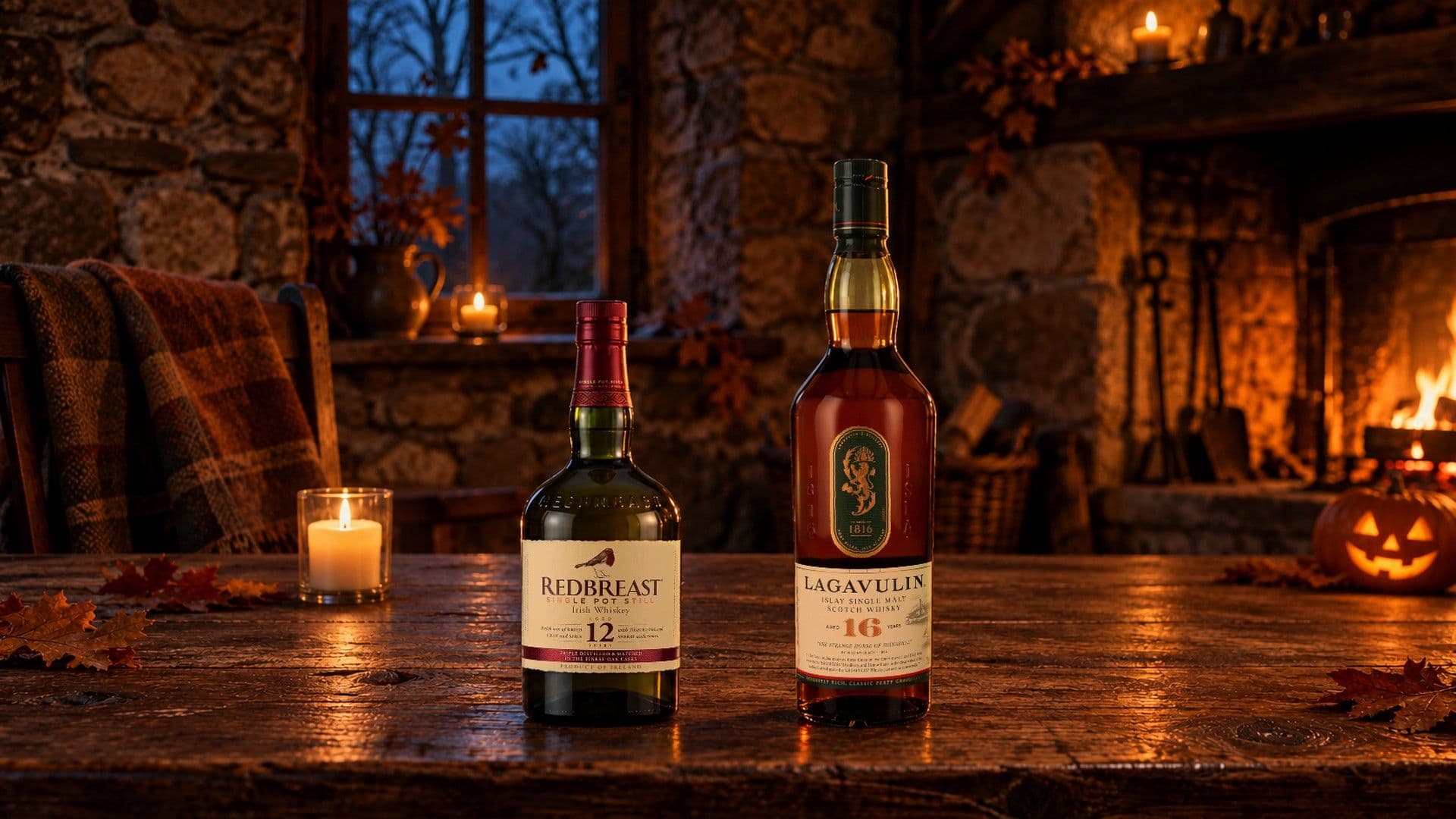 Zwei Flaschen, der Redbreast 12 Years Old und der Lagavulin 16 Years Old, auf einem alten Eichentisch in einer Steinhütte in der Dämmerung, mit Kaminfeuer und Kerze, einem Kürbis und Herbstblättern.
