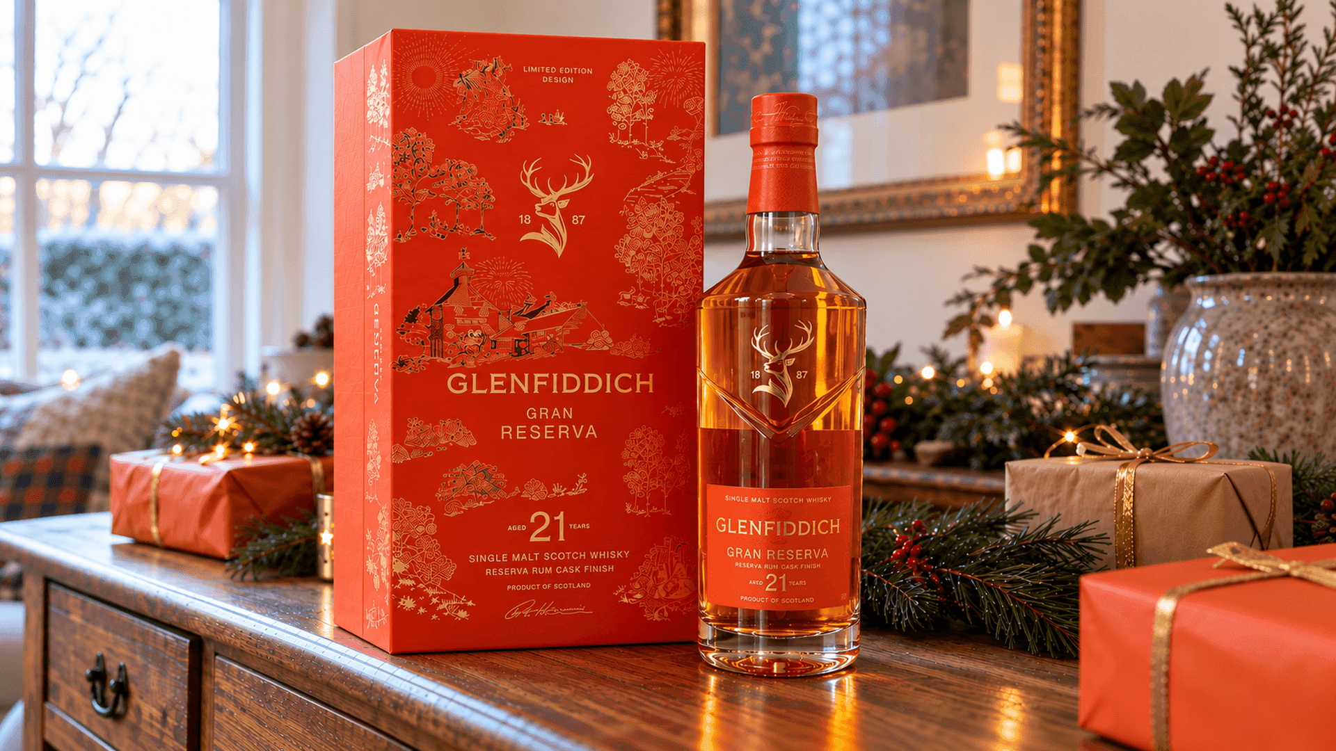 Glenfiddich 21 Years Old Gran Reserva Limited Design Edition 2026 Flasche und orangefarbene Geschenkbox auf einer Eichenkommode mit verpackten Geschenken und Tannenzweigen in einem hellen Wohnzimmer