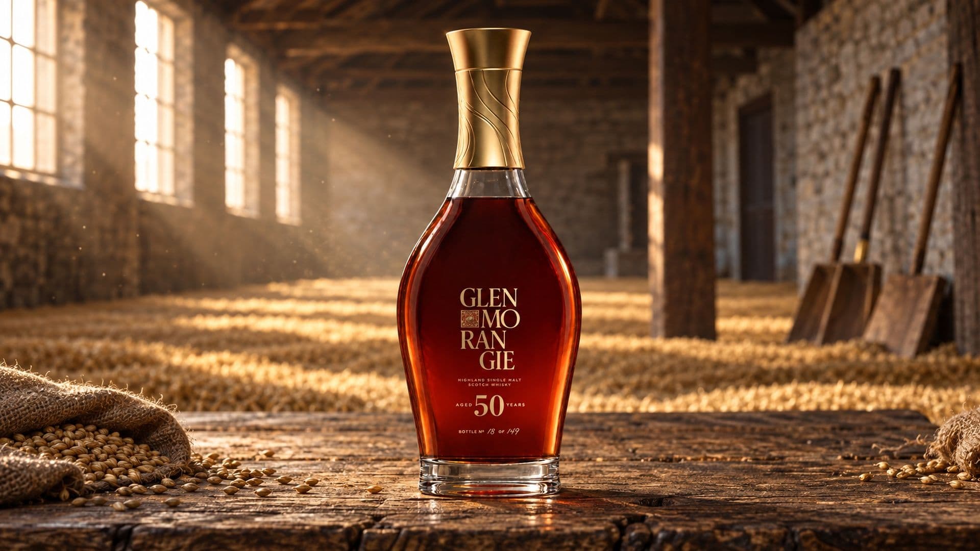 Glenmorangie 50 Years Old decanter with a gold neck on a wooden table in a floor maltings barn, golden barley spread across the floor behind it.