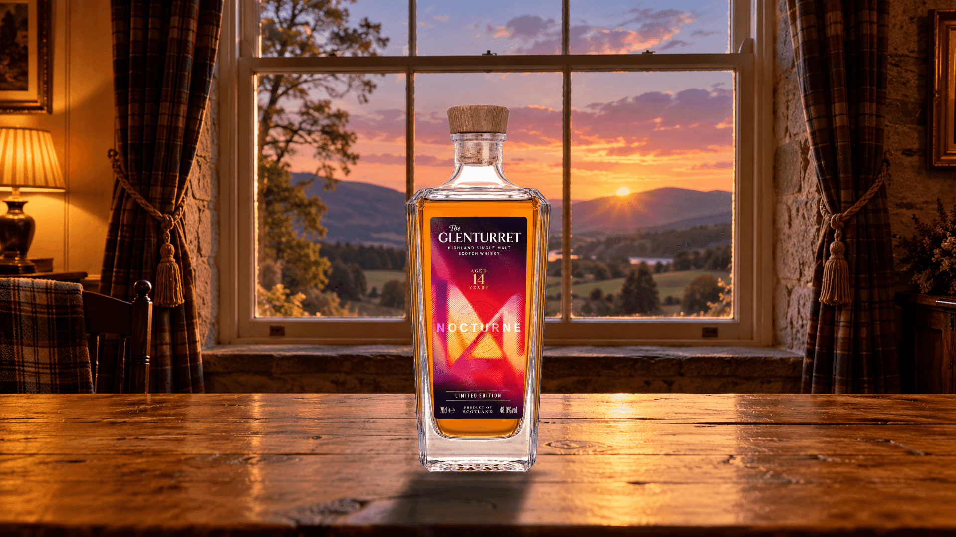 Glenturret 14 Years Old Nocturne Limited Edition su un tavolo di rovere accanto alla finestra di un lodge, mentre l'ora dorata sfuma nel crepuscolo sulle colline del Perthshire