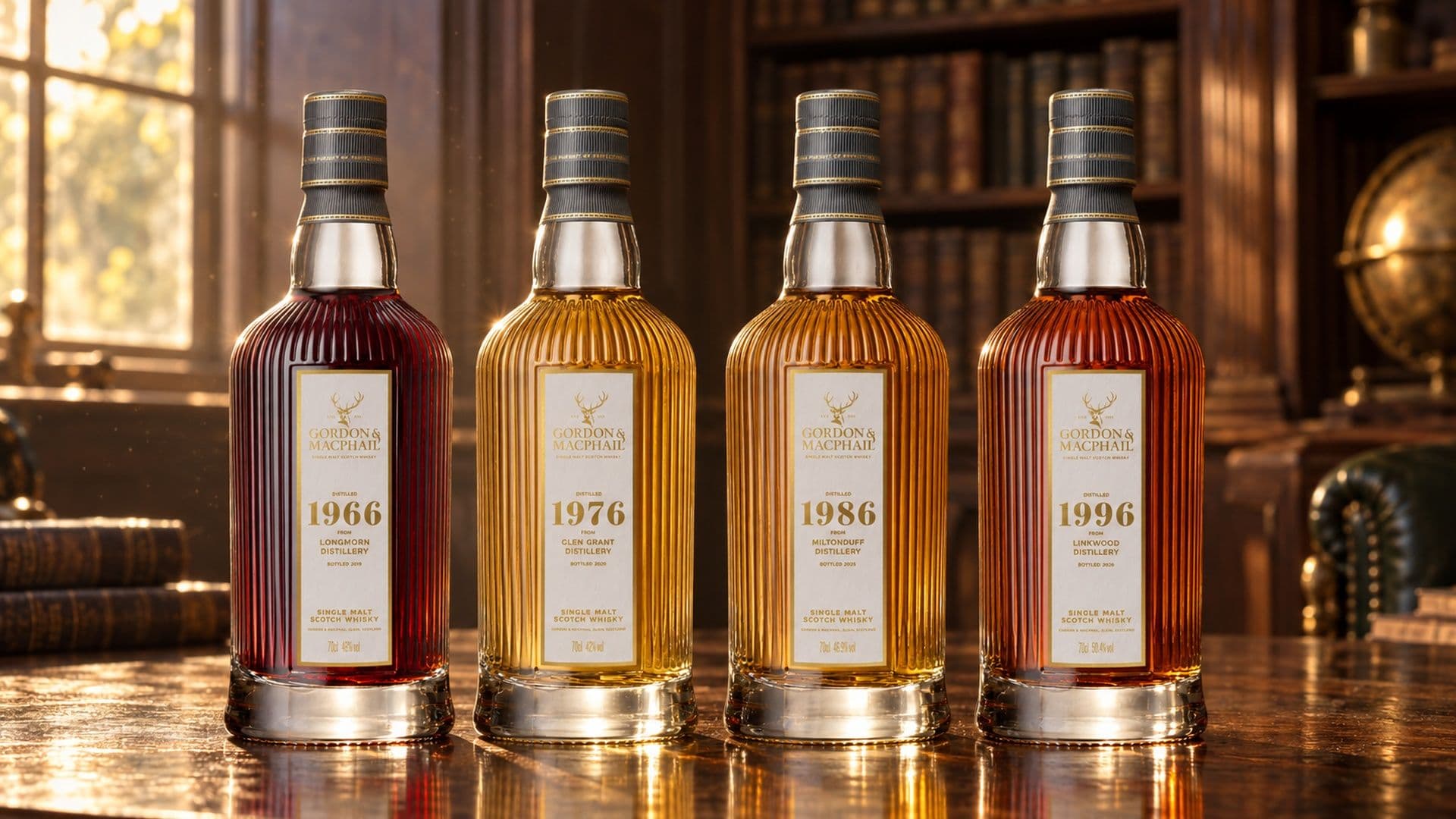 Four Gordon & MacPhail Anniversary Releases bottles from 1966, 1976, 1986 and 1996 in a row on a polished oak table.