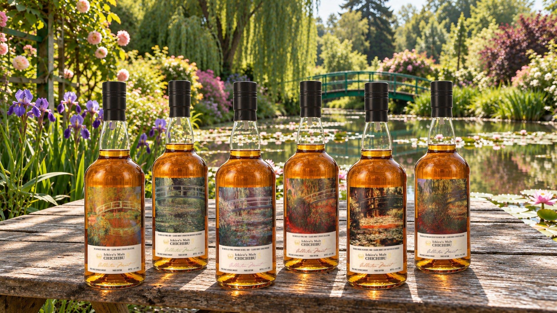 Sechs Flaschen Chichibu Paris Edition 2026 Collection Monet auf einem Gartentisch an einem Seerosenteich mit grüner Holzbrücke