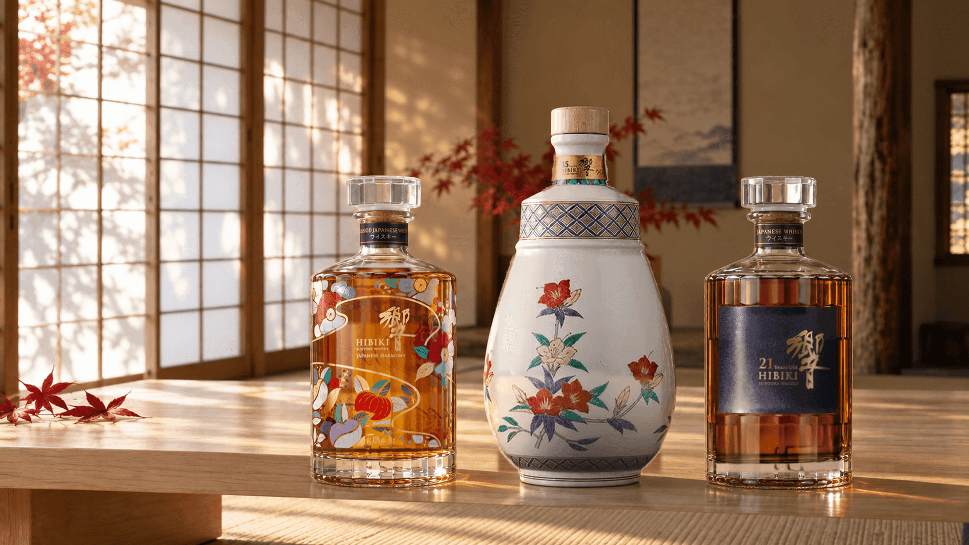Hibiki Japanese Harmony Chiso Limited Edition Design 2026, Hibiki 35 Years Old Sakaida Kakiemon XIV porcelain decanter and Hibiki 21 Years Old Hiroshi Senju 2025 on a hinoki table in a Japanese room with red maple