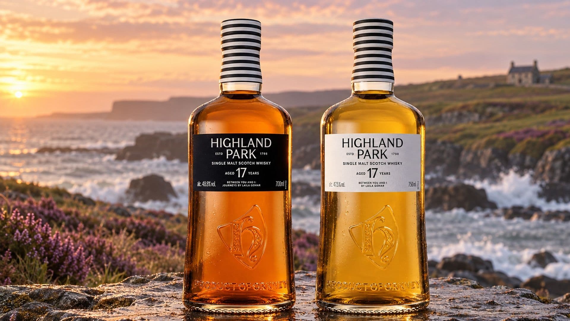 Two Highland Park 17 Years Old Between You and I bottles, one black label and one white, on a wet stone slab at sunset.
