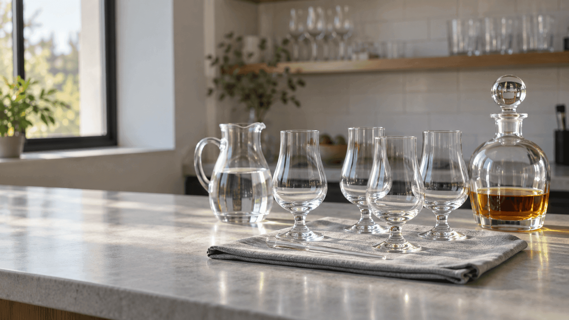Vier makellose Nosinggläser in Tulpenform auf einem grauen Mikrofasertuch mit einer Glaspipette, einem Wasserkrug und einer Kristallkaraffe mit bernsteinfarbenem Whisky auf einer Steinarbeitsplatte im Tageslicht
