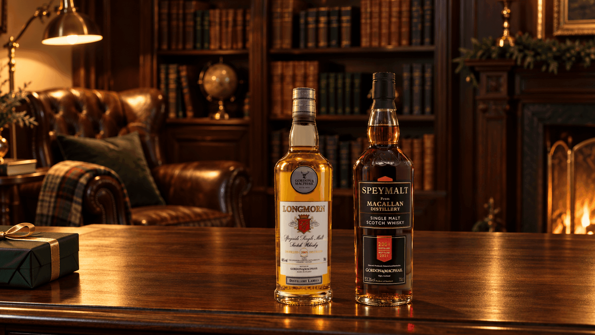 Gordon & MacPhail Longmorn 2005 Distillery Labels und Gordon & MacPhail Speymalt from Macallan Distillery 2001 auf einem Nussbaumschreibtisch in einem gemütlichen Arbeitszimmer neben einem grün verpackten Geschenk