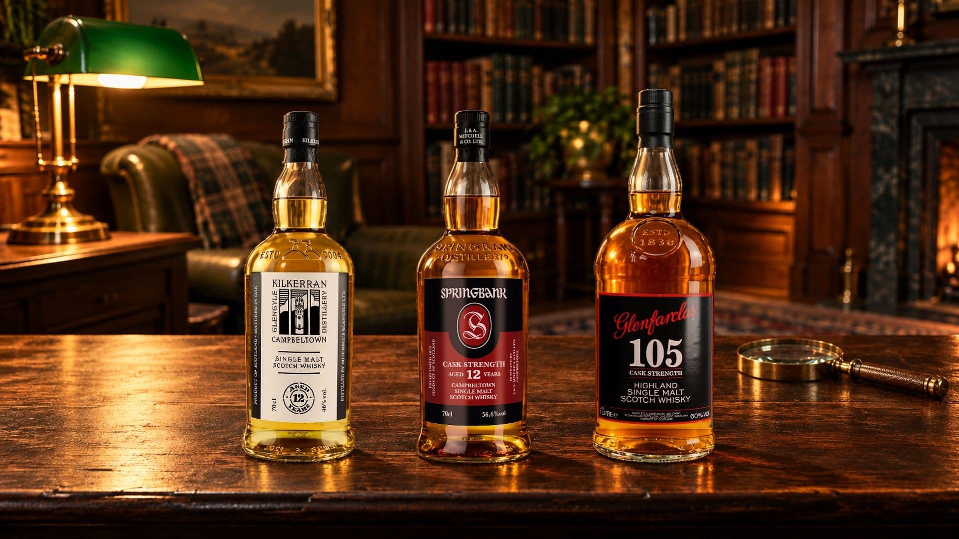 Bouteilles de Kilkerran 12 Years Old, Springbank 12 Years Old Cask Strength et Glenfarclas 105 Cask Strength sur un bureau sombre en noyer dans un cabinet de travail éclairé par une lampe, avec une loupe en laiton sur la droite.