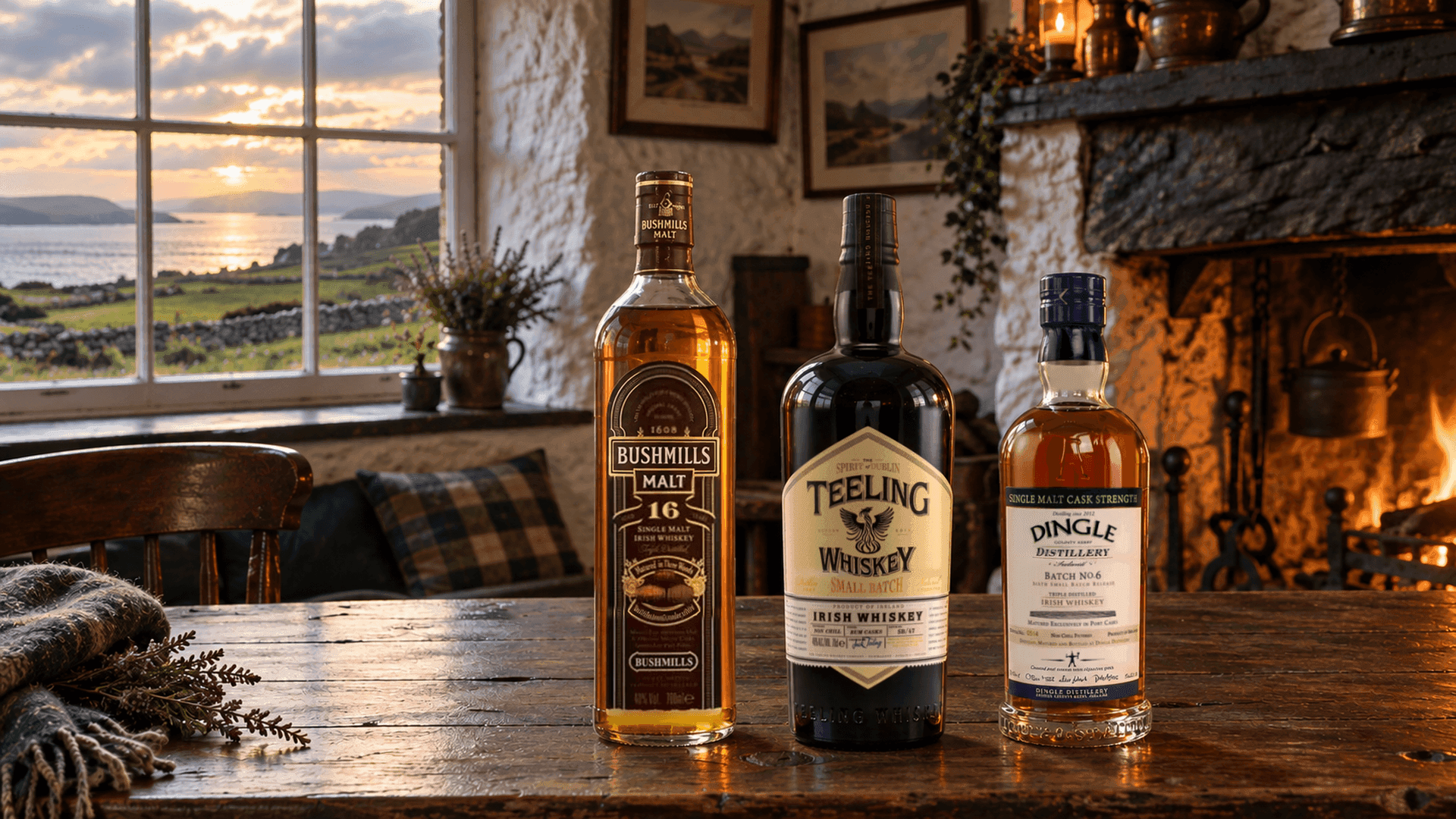 Bushmills 16 Years Old, Teeling Small Batch and Dingle Single Malt Batch No. 6 on a pine table in an Irish cottage bar with a turf fire and a view of the Atlantic coast