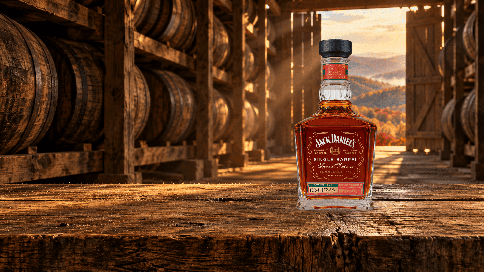 Jack Daniel's Single Barrel Special Release Coy Hill Rye on an oak plank in a hilltop barrelhouse with autumn hills behind